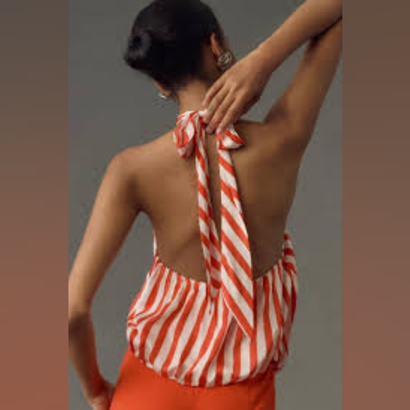 Anthropologie Maeve Halter Top Scarf Bubble-Hem Tank Red and White Strip… - Picture 2 of 9